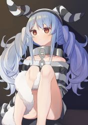 Rule 34 | 1girl, absurdres, animal ears, bare legs, blue hair, blush, braid, chain, collar, collarbone, don-chan (usada pekora), highres, hololive, knees up, light blush, long sleeves, looking at viewer, metal collar, multicolored hair, off-shoulder shirt, off shoulder, prison clothes, rabbit ears, rabbit girl, red eyes, safety pin, shirt, short eyebrows, sidelocks, sitting, solo, striped clothes, striped headwear, striped shirt, syhan, thick eyebrows, twin braids, twintails, two-tone hair, usada pekora, usada pekora (prisoner), virtual youtuber, white hair