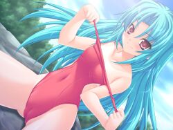 Rule 34 | 1girl, blue hair, blush, breasts, doutei clinic, game cg, long hair, looking at viewer, marimura marin, one-piece swimsuit, outdoors, rock, sitting, sitting on rock, small breasts, smile, swimsuit, very long hair