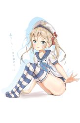 Rule 34 | 1girl, absurdres, anger vein, annoyed, blonde hair, blue eyes, hat, highres, jerry3912, long hair, no pants, no shoes, one-piece swimsuit, original, school swimsuit, school uniform, serafuku, shirt, sitting, solo, striped clothes, striped thighhighs, swimsuit, swimsuit under clothes, thighhighs, twintails, white shirt