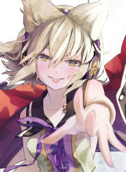 Rule 34 | 1girl, blonde hair, bracelet, breasts, cape, collarbone, dress, earmuffs, headphones, jewelry, looking at viewer, neck ribbon, pointy hair, purple cape, ribbon, shirt, short hair, sleeveless, sleeveless shirt, small breasts, smile, solo, syuri22, touhou, toyosatomimi no miko, white background, yellow eyes