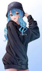 Rule 34 | 1girl, absurdres, black headwear, black sweater, blue eyes, blue hair, blue nails, blush, bucket hat, fishnet pantyhose, fishnet thighhighs, fishnets, gradient background, hand up, hat, highres, holding, holding clothes, holding hat, hololive, hoshimachi suisei, long hair, long sleeves, looking at viewer, midnight grand orchestra, nisi ki no, pantyhose, simple background, sweater, thighhighs, tongue, tongue out, virtual youtuber, white background