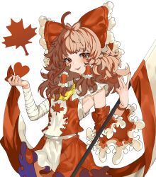 Rule 34 | 1girl, ahoge, ascot, asymmetrical sleeves, bandaged arm, bandages, brown hair, canadian flag, clothes lift, commentary, english commentary, hair tubes, hakurei reimu, heart, highres, lifting own clothes, looking at viewer, medium hair, mole, mole under eye, open mouth, red eyes, red nails, red skirt, sidelocks, simple background, skirt, skirt lift, smile, solo, tomatolover16, touhou, upper body, white background, yellow ascot