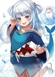 Rule 34 | 1girl, animal costume, bloop (gawr gura), blue eyes, blue hair, blue hoodie, blue nails, blunt bangs, claw pose, fingernails, fins, fish tail, gawr gura, gawr gura (1st costume), grey hair, hair ornament, hanamura pink, highres, hololive, hololive english, hood, hood down, hoodie, long hair, long sleeves, looking at viewer, multicolored hair, nail polish, no pants, shark costume, shark girl, shark hair ornament, shark tail, sharp teeth, shoes, sneakers, solo, streaked hair, tail, teeth, two side up, virtual youtuber, white footwear, wide sleeves