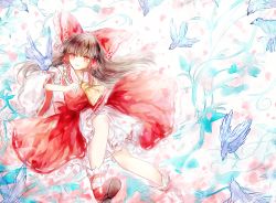 Rule 34 | 1girl, arm up, ascot, bare shoulders, bird, blue skin, bow, branch, brown hair, colored skin, detached sleeves, dress, flying, hair between eyes, hair ornament, hair tubes, hakurei reimu, hand up, leaf, long hair, long sleeves, open mouth, red bow, red dress, red eyes, red footwear, sanuo, shoes, sitting, smile, socks, solo, touhou, white background, white socks, wide sleeves, wings, yellow ascot