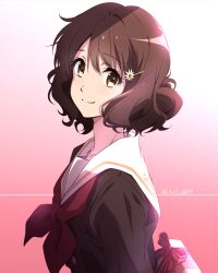 Rule 34 | 1girl, arms behind back, box, box of chocolates, brown eyes, brown hair, commentary, dated, flower, from side, gradient background, hibike! euphonium, highres, holding, kitauji high school uniform, looking at viewer, nii manabu, oumae kumiko, pink background, ribbon, school uniform, short hair, smile, solo, valentine