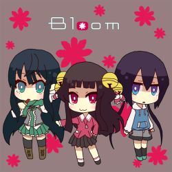 Rule 34 | 3girls, :3, ahoge, arm up, bad id, bad pixiv id, bell, black hair, black socks, blazer, blouse, blue eyes, blunt bangs, blush, boots, brown hair, chibi, cross-laced footwear, expressionless, flower, food, frilled skirt, frills, green eyes, hair between eyes, holding, jacket, kneehighs, lace-up boots, long hair, multiple girls, ngayope, no nose, open mouth, original, pleated skirt, pocket, popsicle, red eyes, ribbon, scarf, school uniform, shirt, shorts, skirt, socks, sweater, thighhighs, twintails, uniform, white legwear