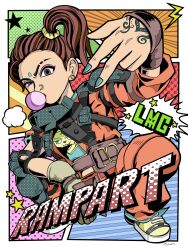 Rule 34 | 1girl, apex legends, brown eyes, brown hair, chewing gum, earrings, eyebrow cut, facial mark, forehead mark, gloves, hair ornament, hair scrunchie, harness, henna, highres, jewelry, jumpsuit, mika0mika, nail polish, nose piercing, orange jumpsuit, piercing, scrunchie, shoes, side ponytail, single glove, sneakers, squatting, v-shaped eyebrows