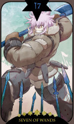 Rule 34 | 1girl, armor, axe, brown coat, brown eyes, brown mittens, coat, flag, fur trim, grin, hair over one eye, highres, holding, holding axe, iwaya, knee pads, looking at viewer, mittens, outdoors, pink hair, pixiv fantasia, pixiv fantasia last saga, polearm, smile, solo, spear, standing, star (symbol), tarot, tarot (card), thick thighs, thighs, twisted torso, ulferica (pixiv fantasia last saga), weapon