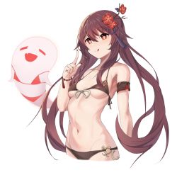 Rule 34 | 1girl, :p, bare shoulders, bead bracelet, beads, bikini, black bikini, bow, bowtie, bracelet, breasts, brown hair, cropped legs, fang, flower, genshin impact, ghost, groin, hair flower, hair ornament, halterneck, highres, hu tao (genshin impact), index finger raised, jewelry, mung (larnec), navel, open mouth, plum blossoms, red eyes, simple background, small breasts, smile, solo focus, star-shaped pupils, star (symbol), stomach, string bikini, swimsuit, symbol-shaped pupils, tongue, tongue out, twintails, underboob, white background