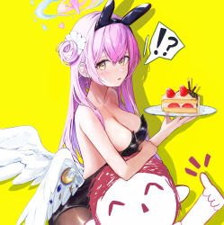 Rule 34 | !?, 1boy, 1girl, absurdres, angel wings, animal ears, black leotard, black pantyhose, blue archive, blush, breasts, cake, cake slice, cleavage, crescent, crescent pin, dana (hapong07), doodle sensei (blue archive), earrings, fake animal ears, feathered wings, food, hair between eyes, halo, highres, holding, holding plate, jewelry, large breasts, leotard, long hair, looking at viewer, mika (blue archive), open mouth, pantyhose, pink hair, pink halo, plate, rabbit ears, sensei (blue archive), simple background, strapless, strapless leotard, white wings, wings, yellow background, yellow eyes