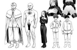 Rule 34 | 1girl, 3boys, :d, bald, bar censor, bob cut, breasts, cape, censored, chest hair, completely nude, flaccid, fumitan (humitan), gloves, greyscale, hair ornament, hair over eyes, hair over one eye, hairclip, hand on own hip, highres, looking at viewer, medium breasts, monochrome, multiple boys, navel, nipples, nude, nun, open mouth, original, penis, pussy, simple background, smile, thighhighs, white background