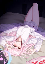 Rule 34 | 1girl, absurdres, alternate costume, angel wings, bed sheet, blue archive, breasts, closed mouth, feathered wings, halo, highres, hood, hood down, hoodie, indoors, large breasts, long hair, long sleeves, looking at viewer, mika (blue archive), panties, pink hair, pink halo, smile, solo, tost (cloi123), underwear, white hoodie, white panties, white wings, wings, yellow eyes