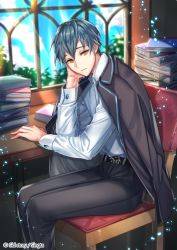 Rule 34 | 1boy, belt, blue sky, book, brown eyes, chair, copyright name, formal, indoors, looking at viewer, male focus, official art, shirt, sid story, sila (carpen), sitting, sky, solo, suit, sunlight, white shirt, window