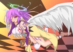 Rule 34 | 10s, 1girl, akiryu, angel wings, asymmetric gloves, asymmetrical gloves, asymmetrical legwear, blush, book, breasts, spiked halo, gloves, gradient hair, halo, holding, holding book, jibril (no game no life), large breasts, light purple hair, long hair, looking at viewer, midriff, multicolored hair, no game no life, one eye closed, open mouth, shoes, single shoe, solo, tattoo, uneven gloves, uneven legwear, white wings, wings, yellow eyes