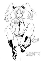 Rule 34 | 1girl, absurdres, ankle socks, collared shirt, commentary request, curled fingers, curtained hair, dated, dorsiflexion, drink, drinking, drinking straw, drinking straw in mouth, feet, full body, greyscale, hair bobbles, hair ornament, hand up, highres, holding, holding drink, knees up, long sleeves, looking at viewer, miniskirt, monochrome, necktie, original, panties, plantar flexion, shirt, sidelocks, simple background, sitting, skirt, socks, solo, twintails, underwear, vest, white background, yamakusa yuu