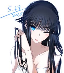 Rule 34 | 1girl, aquaplus, bare arms, bare shoulders, black hair, blue eyes, blush, breasts, cleavage, collarbone, eyelashes, fingernails, gradient eyes, gradient hair, hair over shoulder, hime cut, holding, holding own hair, kurotsuki yukiko, large breasts, long hair, looking at viewer, multicolored eyes, multicolored hair, one eye closed, playing with own hair, raised eyebrows, sidelocks, sleeveless, solo, tongue, tongue out, touma kazusa, towel, towel over breasts, upper body, very long hair, wet, wet hair, white album, white album (series), white album 2