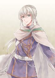 Rule 34 | 1boy, bedivere (fate), bedivere (formal dress) (fate), belt, blonde hair, cape, fate/grand order, fate (series), green eyes, long hair, male focus, military, military uniform, prosthesis, prosthetic arm, shioika, solo, tunic, uniform