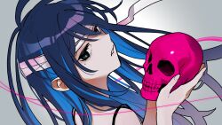 Rule 34 | 1girl, ado (utaite), bandaged head, bandages, blue hair, chando (ado), cloud nine inc, colored inner hair, commentary request, floating hair, green eyes, grey background, hair between eyes, highres, holding, holding skull, long hair, looking at viewer, mole, mole under eye, multicolored hair, parted lips, riseno, sidelocks, simple background, skull, solo, spaghetti strap, two-tone hair, upper body, utaite
