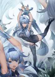 Rule 34 | 1girl, absurdres, armpits, arms up, bare arms, blue eyes, blue footwear, blue hair, blue hairband, blush, bodystocking, boots, bracelet, breasts, cleavage, closed mouth, eula (genshin impact), genshin impact, greatsword, hair ornament, hairband, high heels, highres, huge filesize, jewelry, jinjide shaonian, large breasts, leg up, long hair, looking at viewer, multiple views, open mouth, sword, thigh boots, thighhighs, thighs, weapon