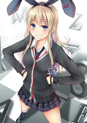 Rule 34 | 10s, 1girl, alternate costume, alternate eye color, anchor hair ornament, aqua eyes, blonde hair, cardigan, grin, hair ornament, hair ribbon, hairclip, hands on own hips, kantai collection, loafers, long hair, looking at viewer, necktie, ribbon, school uniform, shimakaze (kancolle), shoes, smile, solo, suishin tenra, suitenjh