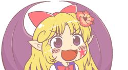 Rule 34 | 1girl, bat wings, black vest, blonde hair, blush, bow, bowtie, chibi, commentary request, dot nose, elis (touhou), facial mark, gyate gyate, hair bow, ikiyouz, long hair, meme, open mouth, pointy ears, portrait, purple eyes, purple wings, red bow, red bowtie, shirt, touhou, touhou (pc-98), transparent background, v-shaped eyebrows, very long hair, vest, white shirt, wings