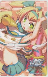 Rule 34 | 1girl, arc system works, armpits, arms up, bell, blazblue, blazblue: continuum shift, blonde hair, bow, card (medium), flat chest, fringe trim, gloves, green eyes, hair bow, hairband, heart, heart-shaped pupils, jumping, long hair, magical girl, midriff, official art, platinum the trinity, pleated skirt, scan, skirt, smile, socks, solo, symbol-shaped pupils, two side up, very long hair