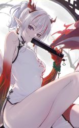 Rule 34 | 1girl, arknights, arm tattoo, bead bracelet, beads, bracelet, china dress, chinese clothes, colored skin, commentary request, dragon girl, dragon horns, dragon tail, dress, ear piercing, fan to mouth, feet out of frame, flame-tipped tail, folded fan, folded ponytail, folding fan, hand fan, highres, holding, holding fan, horns, jewelry, knee up, konota ko, long hair, looking at viewer, multicolored hair, nian (arknights), nian (unfettered freedom) (arknights), no panties, official alternate costume, piercing, purple eyes, red hair, red skin, sitting, sleeveless, sleeveless dress, smile, solo, streaked hair, tail, tattoo, thighs, white dress, white hair