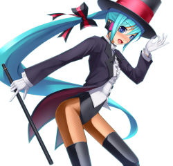 Rule 34 | 1girl, aqua hair, blue eyes, eto, fishnet pantyhose, fishnets, gloves, hat, hatsune miku, headset, long hair, magician, md5 mismatch, miracle paint (vocaloid), open mouth, pantyhose, ponytail, project diva, project diva (series), simple background, solo, thighhighs, top hat, very long hair, vocaloid, wand, white background