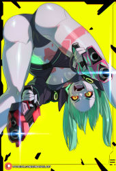 Rule 34 | 1girl, ass, bare legs, bent over, between legs, bikini, black bikini, breasts, colored sclera, cyberpunk (series), cyberpunk edgerunners, enma (enmanuelart), green hair, gun, highres, holding, holding gun, holding weapon, huge ass, long hair, long sleeves, looking at viewer, medium breasts, open mouth, pink tattoo, rebecca (cyberpunk), red eyes, red sclera, shiny skin, smile, solo, swimsuit, thighs, twintails, view between legs, weapon, wide hips