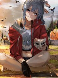 Rule 34 | 1girl, bird, blue eyes, commentary request, cross, crow, ear piercing, flip-flops, funi mu9, gloves, head tilt, highres, holding, holding mask, hololive, hood, hooded jacket, hoshimachi suisei, indian style, jacket, jewelry, mask, midriff, navel, necklace, pendant, piercing, pumpkin, red jacket, sandals, side ponytail, single glove, sitting, sky, smile, solo, sunlight, virtual youtuber