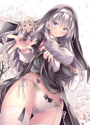 Rule 34 | 2girls, :d, :p, black dress, blonde hair, blue eyes, blush, bow, bow panties, breasts, cameltoe, cherry blossoms, chibi, closed mouth, clothes lift, commentary request, covered erect nipples, crotch seam, dress, dress lift, garter belt, garter straps, highres, licking lips, lifted by self, long hair, looking at viewer, medium breasts, multiple girls, nun, open mouth, original, panties, purple eyes, ryo (botugo), smile, thighhighs, tongue, tongue out, underwear, white background, white dress, white hair, white panties, white thighhighs
