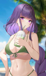 Rule 34 | 1girl, bakemonsou, bare arms, bare shoulders, bikini, blue sky, blurry, blurry background, blush, breasts, commentary request, cup, day, disposable cup, drinking, drinking straw, front-tie bikini top, front-tie top, genshin impact, green bikini, highres, holding, holding cup, long braid, long hair, looking at viewer, navel, partial commentary, purple eyes, purple hair, raiden shogun, sky, solo, stomach, swimsuit, underboob, upper body, very long hair