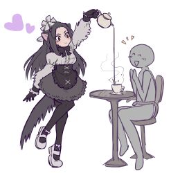 Rule 34 | 1girl, 1other, absurdres, anteater ears, anteater tail, apron, black apron, black bow, black bowtie, black corset, black fur, black gloves, black pantyhose, blush, bow, bowtie, brown eyes, clapping, commentary, corset, fur collar, giant anteater (kemono friends), gloves, grey hair, grey shirt, grey skirt, high-waist skirt, highres, kemono friends, long hair, long sleeves, pantyhose, pouring, shirt, sitting, skirt, standing, standing on one leg, tateoftot