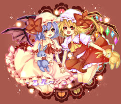 Rule 34 | 2girls, fang, female focus, flandre scarlet, full body, hat, highres, holding hands, interlocked fingers, mary janes, mata, multiple girls, rabbit, red background, remilia scarlet, shoes, siblings, sisters, socks, stuffed animal, stuffed rabbit, stuffed toy, touhou, wallpaper, wings, wrist cuffs