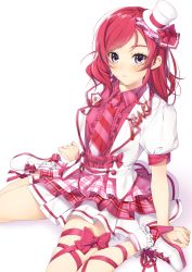 Rule 34 | 10s, 1girl, blush, bow, center frills, character name, clenched hands, frills, hat, hat bow, highres, layered skirt, leg ribbon, light frown, love live!, love live! school idol festival, love live! school idol project, mini hat, mini top hat, necktie, nishikino maki, pin, plaid, plaid skirt, purple eyes, red hair, red ribbon, ribbon, shoelaces, shoes, short sleeves, sitting, skirt, solo, striped necktie, striped neckwear, top hat, white background, yana mori