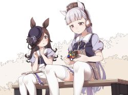 Rule 34 | 2girls, animal ears, black bow, black headwear, blouse, blue flower, blue rose, blue shirt, blush, book, bow, brown hair, brown headwear, closed mouth, commentary request, feet out of frame, flower, gold ship (umamusume), hair over one eye, hands up, hat, hat flower, highres, horse ears, horse girl, horse tail, long hair, multiple girls, on bench, open book, parted lips, pleated skirt, puffy short sleeves, puffy sleeves, purple shirt, red eyes, rice shower (umamusume), rose, rubik&#039;s cube, school uniform, shirt, short sleeves, silver hair, sitting, skirt, sweat, tail, thighhighs, tilted headwear, tracen school uniform, umamusume, very long hair, white skirt, white thighhighs, yukie (kusaka shi)