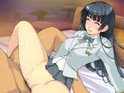 Rule 34 | 1girl, bed, black hair, blush, bottomless, bow, breasts, censored, closed eyes, clothed female nude male, grey skirt, groin, indoors, large breasts, legs, long hair, long sleeves, lying, male pubic hair, mosaic censoring, no panties, nude, on bed, original, pubic hair, pussy, school uniform, sex, shiny skin, skirt, solo focus, spread legs, sweat, thighs, vaginal, yoko juusuke