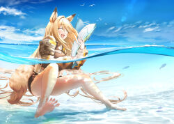 Rule 34 | 1girl, :d, ^ ^, animal ears, arknights, barefoot, bird, blonde hair, blue sky, blush, ceobe (arknights), closed eyes, commentary request, dog ears, dog girl, dog tail, fish, highres, jacket, long hair, ocean, open mouth, outdoors, seagull, shorts, sky, smile, solo, tail, wading, yokaze (yokajie)