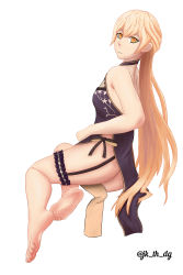 Rule 34 | 1girl, absurdres, arm support, artist name, back, bad id, bad pixiv id, barefoot, black dress, blonde hair, breasts, closed mouth, commentary, dress, english commentary, feet, girls&#039; frontline, highres, jk th dg, long hair, looking at viewer, official alternate costume, orange eyes, ots-14 (girls&#039; frontline), ots-14 (sangria succulent) (girls&#039; frontline), sitting, smile, soles, solo, thighs, toes, white background