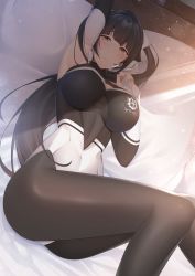 Rule 34 | 1girl, absurdres, ass, azur lane, bed, black hair, bodystocking, bow, breasts, brown eyes, chichikoucha, cleavage cutout, clothing cutout, hair bow, hair flaps, highres, huge filesize, large breasts, leotard, logo, long hair, looking at viewer, lying, multicolored leotard, official alternate costume, on side, pillow, ponytail, race queen, solo, takao (azur lane), takao (full throttle charmer) (azur lane), two-tone leotard, underboob cutout, white bow