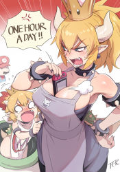 Rule 34 | 1boy, 2girls, anger vein, apron, armlet, bare shoulders, between breasts, black dress, blonde hair, blue eyes, blue overalls, blush, bowser logo, bowsette, bowsette jr., bracelet, breasts, cleavage, collar, collarbone, commentary request, crown, dress, emphasis lines, english text, fang, flat cap, forked eyebrows, grey apron, hair between eyes, hand on own hip, hat, horns, jewelry, large breasts, mario, mario (series), mature female, mini crown, mother and daughter, multiple girls, naked tabard, new super mario bros. u deluxe, nintendo, nintendo switch, open mouth, overalls, ponytail, red hat, red shirt, sharp teeth, shirt, signature, spiked armlet, spiked bracelet, spiked collar, spiked shell, spikes, strapless, strapless dress, super crown, sweat, tabard, tail, tears, teeth, ter (otokoter), thick eyebrows, turtle shell, v-shaped eyebrows