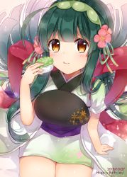 Rule 34 | 1girl, arm support, bad id, bad pixiv id, bed sheet, blush, brown eyes, closed mouth, commentary request, dated, fingernails, flower, food, gradient kimono, green hair, green hairband, green kimono, green ribbon, hair flower, hair ornament, hair ribbon, hairband, hand up, happy birthday, holding, holding food, japanese clothes, kimono, kimono skirt, licking lips, long hair, muneate, red flower, ribbon, shikino (sikinonono), short kimono, short sleeves, smile, solo, tongue, tongue out, touhoku zunko, very long hair, vocaloid, voiceroid, white kimono