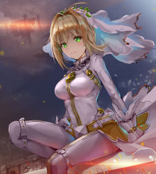 Rule 34 | 10s, 1girl, absurdres, ahoge, backlighting, belt, blonde hair, bodysuit, breasts, bridal veil, burnt clothes, chain, closed mouth, dutch angle, fate/extra, fate/grand order, fate (series), floating island, full-length zipper, green eyes, hair intakes, highres, lens flare, lock, looking at viewer, medium breasts, nero claudius (bride) (fate), nero claudius (fate), nero claudius (fate), noboru (pixiv8503150), padlock, short hair, sitting, smile, solo, tareme, veil, white bodysuit, zipper