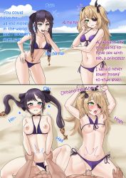Rule 34 | 2boys, 2girls, absurdres, ahegao, bikini, bikini bottom aside, bikini top lift, black hair, blonde hair, blue bikini, blue sky, blush, breasts, chuunibyou, clothed sex, clothes lift, clothing aside, collarbone, day, english text, eyepatch, fischl (genshin impact), genshin impact, green eyes, grey eyes, grin, heart, hetero, highres, holding another&#039;s wrist, instant loss, laughing, long hair, looking at viewer, lying, medium breasts, missionary, mona (genshin impact), multiple boys, multiple girls, navel, nipples, on back, open mouth, outdoors, penis, purple bikini, rape, sex, shore, side-tie bikini bottom, sky, small breasts, smile, spread legs, swimsuit, swimsuit aside, teeth, tongue, tongue out, tuoni, twintails, uncensored, upper teeth only, vaginal
