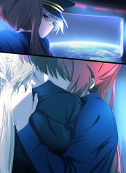 Rule 34 | 2girls, alternate costume, alternate hairstyle, blonde hair, blue shirt, blush, closed mouth, collared shirt, couple, covered eyes, earth (planet), fate testarossa, frown, hat, highres, hug, kiss, long hair, long sleeves, looking at another, lyrical nanoha, mahou shoujo lyrical nanoha, mahou shoujo lyrical nanoha strikers, mahou shoujo lyrical nanoha vivid, military, military hat, military uniform, multiple girls, nape, neck, kissing neck, ossan jololol, planet, ponytail, red eyes, red hair, shaded face, shirt, space, star (sky), takamachi nanoha, uniform, very long hair, yuri