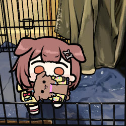 Rule 34 | 1girl, all fours, animal ears, bone hair ornament, brown eyes, brown hair, cage, dog ears, dog girl, hair ornament, hololive, inugami korone, inugami korone (1st costume), inugami korone (dog), jazz jack, lowres, mouth hold, photo-referenced, tarpaulin, virtual youtuber