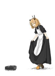 Rule 34 | 1girl, a.i. voice, adachi rei, android, apron, black dress, black hairband, bowing, brown footwear, closed eyes, crossed legs, curtsey, dress, hair ornament, hairband, hairclip, hakoko shitagokoro, headlamp, highres, maid, medium hair, open mouth, orange hair, radio antenna, robot, robotic vacuum cleaner, shadow, shoes, side ponytail, simple background, skirt hold, sleeves rolled up, smile, solo, utau, white apron