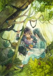 Rule 34 | absurdres, anokowomitaida, black footwear, black hair, fengxi (the legend of luoxiaohei), highres, holding, leaf, long hair, long sleeves, nature, painting (medium), plant, pointy ears, shoes, short sleeves, luo xiaohei zhanji, traditional media, watercolor (medium), wuxian (the legend of luoxiaohei)