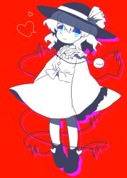 Rule 34 | 1girl, arms at sides, blue eyes, boots, cardiogram, child, drop shadow, female focus, flat chest, frilled shirt, frilled sleeves, frills, full body, happy, hat, hat ribbon, heart, komeiji koishi, long sleeves, looking to the side, lotosu, medium hair, monochrome, parted lips, red background, ribbon, shirt, sidelocks, simple background, skirt, smile, solo, speech bubble, spoken heart, standing, stitches, third eye, touhou, wavy hair, wide sleeves