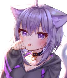 Rule 34 | 1girl, :p, absurdres, animal ears, black choker, black jacket, cat ears, cat girl, cat tail, choker, collarbone, commentary request, deaver, hand up, highres, hololive, jacket, long sleeves, nekomata okayu, nekomata okayu (1st costume), purple eyes, purple hair, short hair, simple background, solo, tail, tongue, tongue out, upper body, virtual youtuber, white background